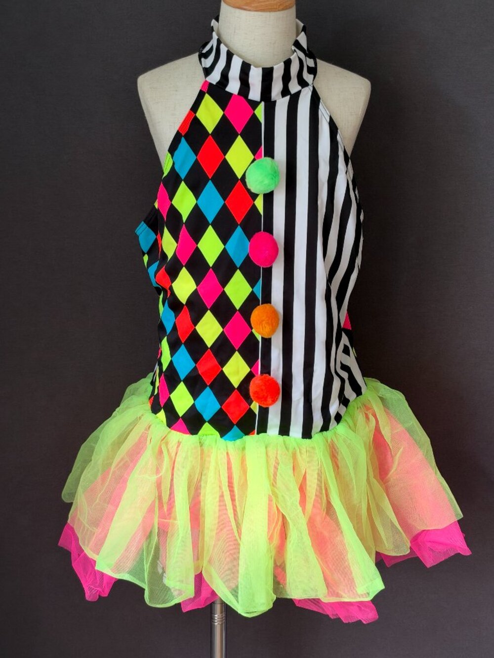 Weissman Neon Harlequin Stripe Halter Tutu Clown Dance Costume Pom Poms XLC